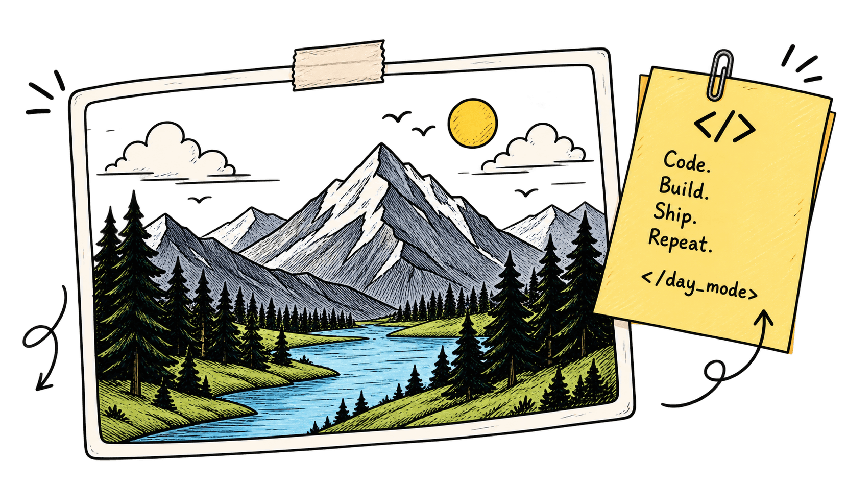Hand-drawn mountain scene with a developer day-mode note