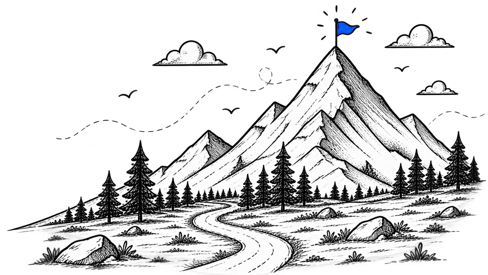 Hand-drawn mountain landscape with a winding path and blue flag